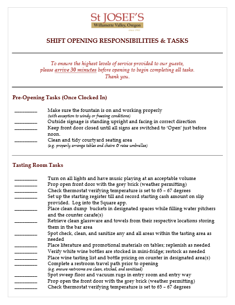 shift opening responsibilities & tasks