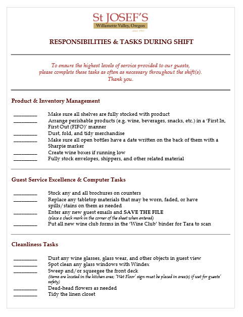 responsibilities & tasks during sheet