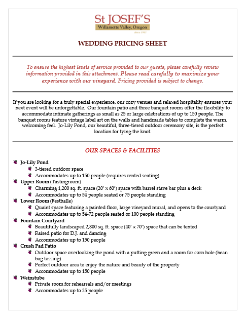 wedding pricing sheet