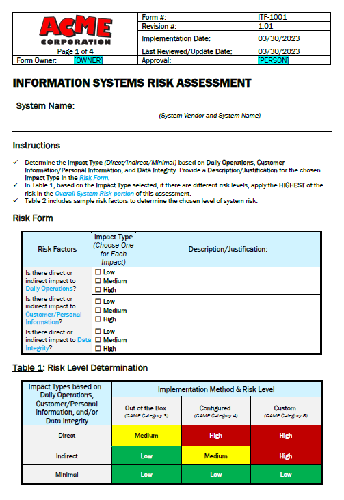FORM - Acme Information Systems Risk Assessment