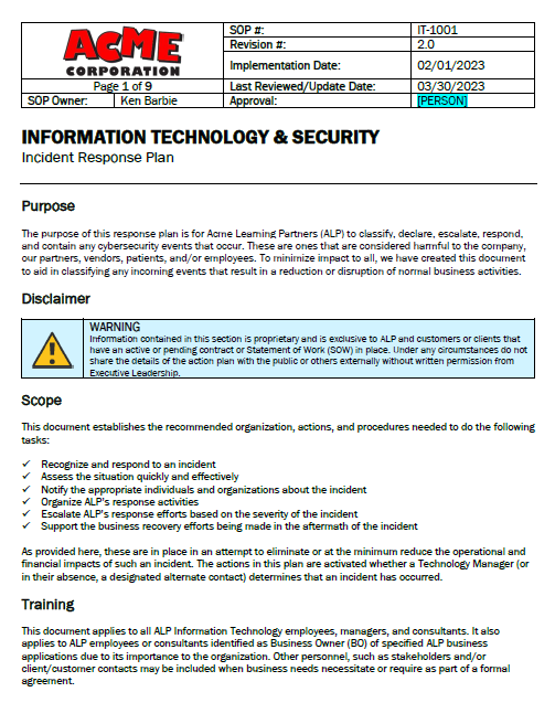 SOP Acme Incident Response Plan